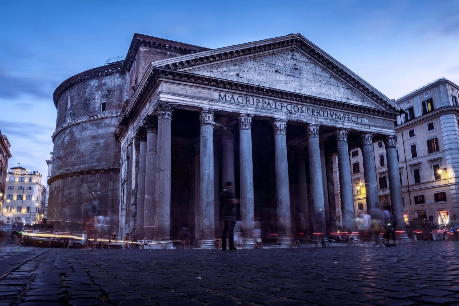 The Pantheon at blue hour, Rome — portico and piazza.